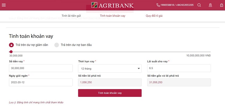 công cụ tính toán khoản vay chi tiết ngân hàng Agribank