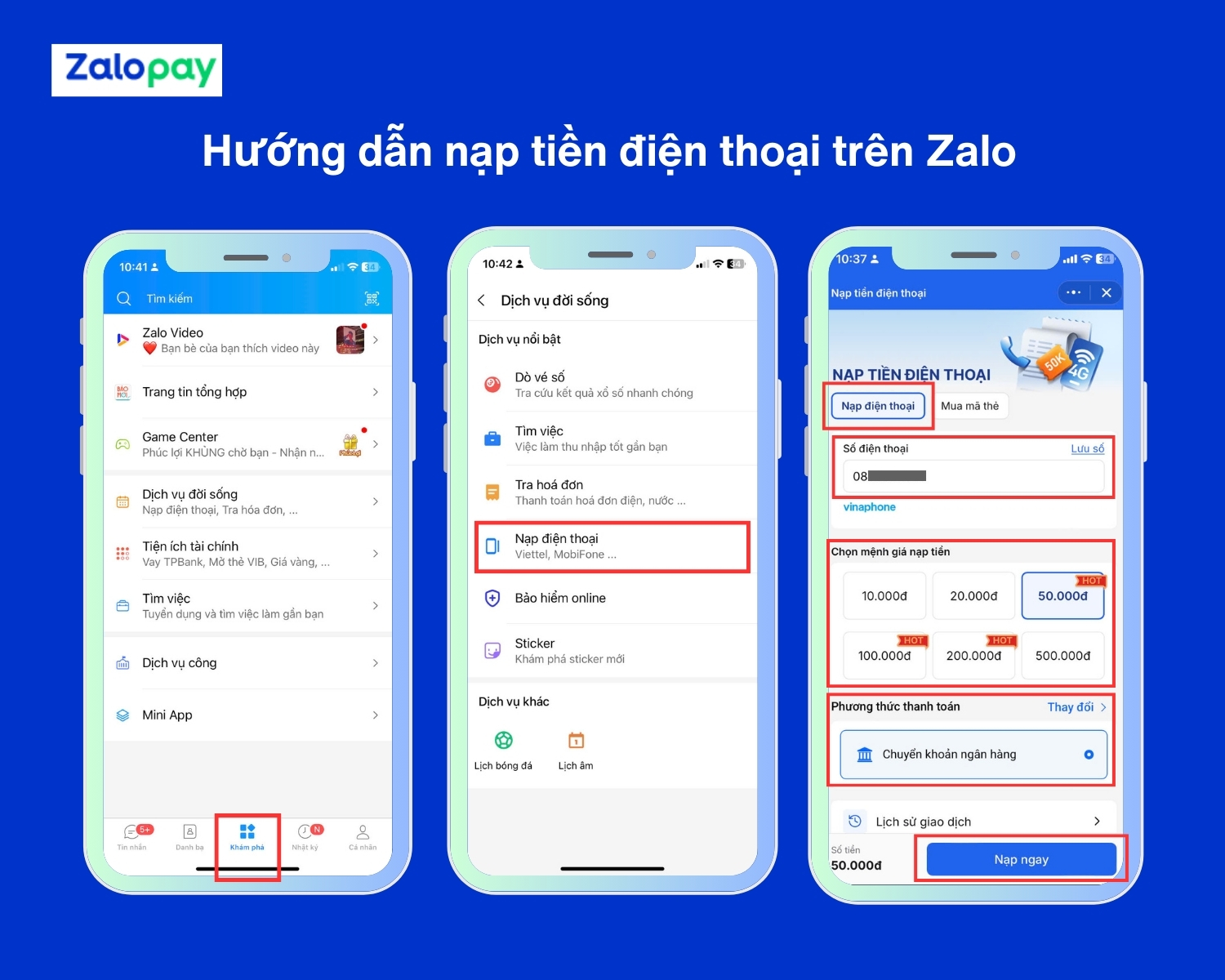 Nạp tiền điện thoại cho thuê bao khác qua Zalo