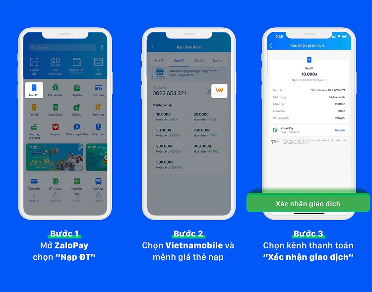 Hướng dẫn cách nạp thẻ điện thoại Vietnamobile qua app ZaloPay