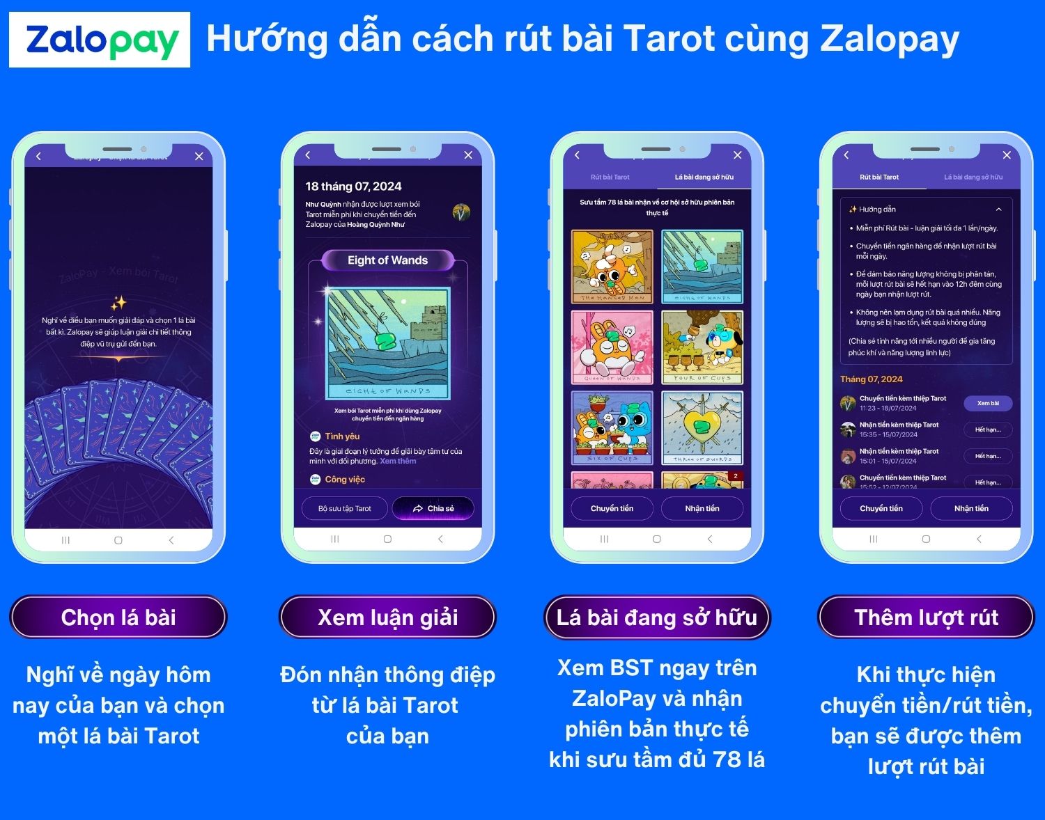 Hướng dẫn cách rút bài tarot sau khi thao tác chuyển tiền trên ZaloPay