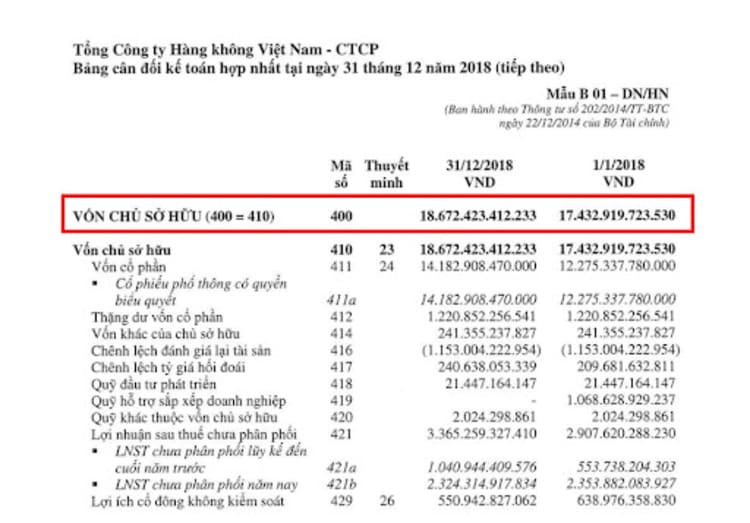 Bảng cân đối kế toán hợp nhất của tổng công ty Hàng Không Việt Nam 2018