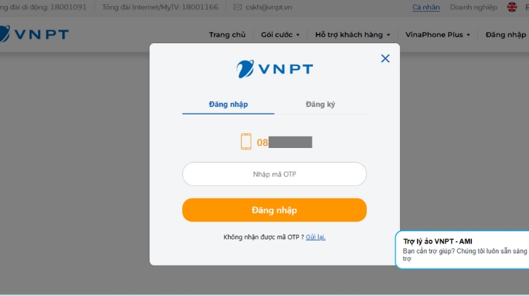 Nhập mã OTP và nhấn đăng nhập trên trên trang Web của Vinaphone 