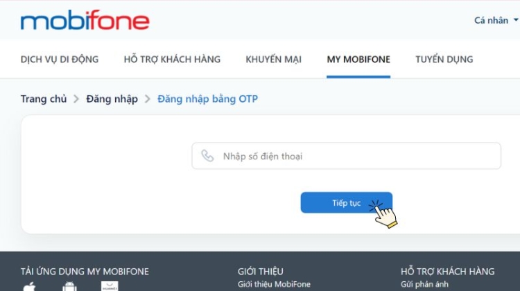 Nhập số điện thoại > chọn Tiếp tục để nhận mã OTP 