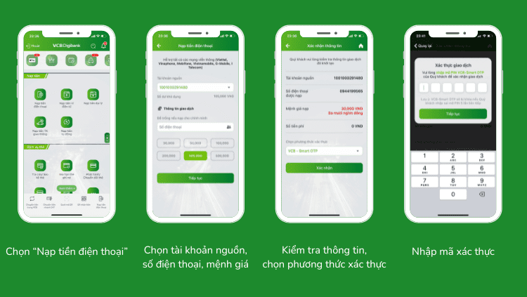 nạp tiền điện thoại qua tài khoản Vietcombank Mobile Banking