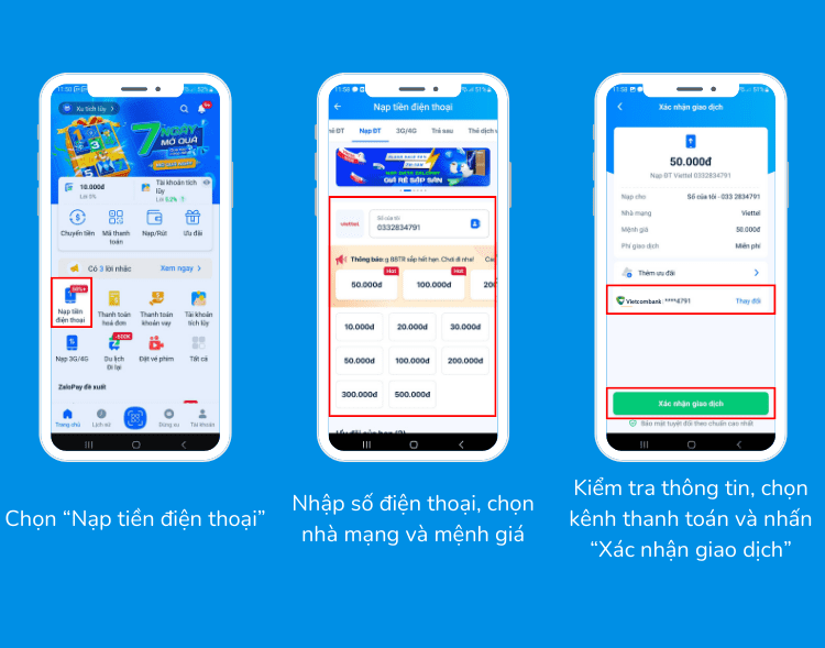 nạp tiền điện thoại qua tài khoản Vietcombank trên ứng dụng ZaloPay