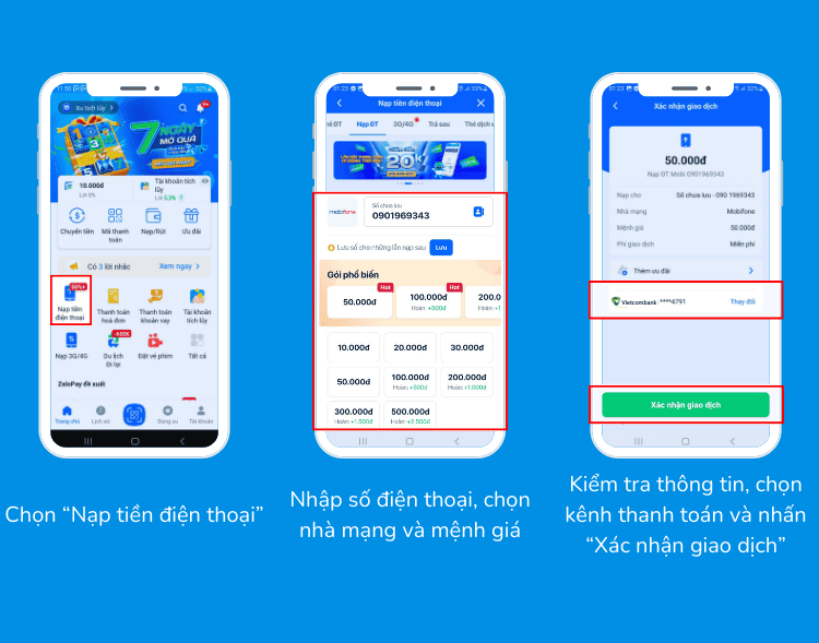 nạp thẻ MobiFone bằng tài khoản Vietcombank qua app ZaloPay