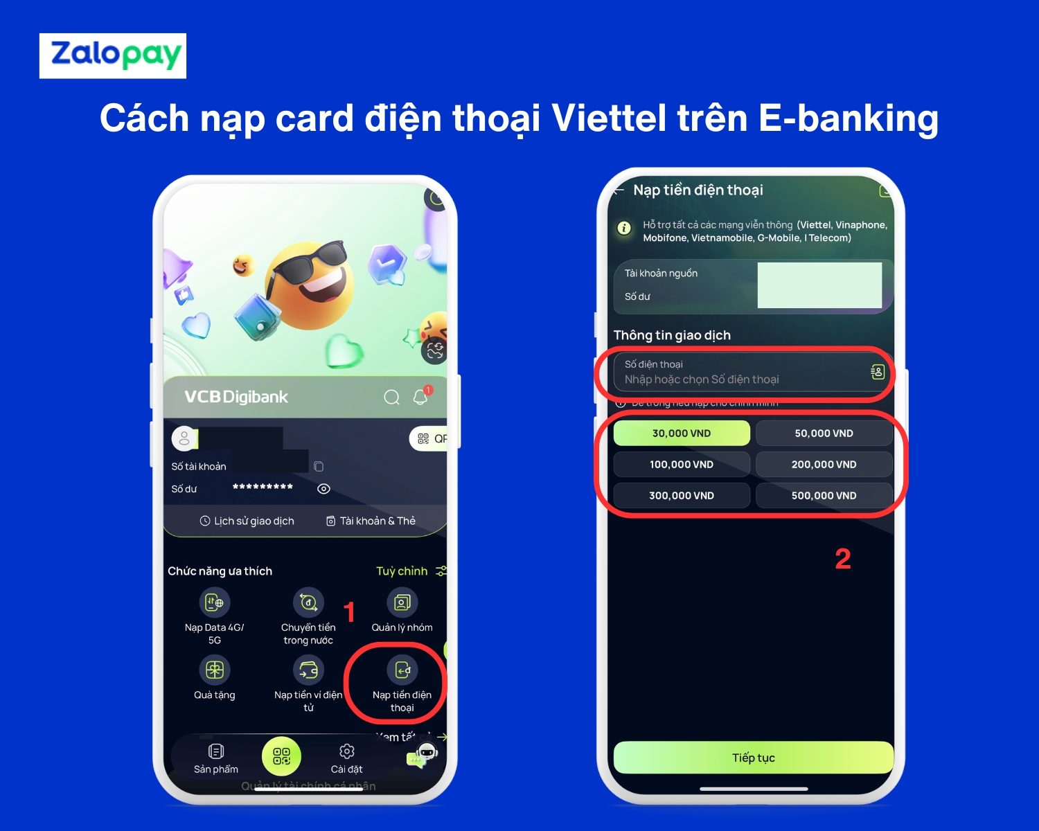 Cách nạp card điện thoại Viettel trên E-banking