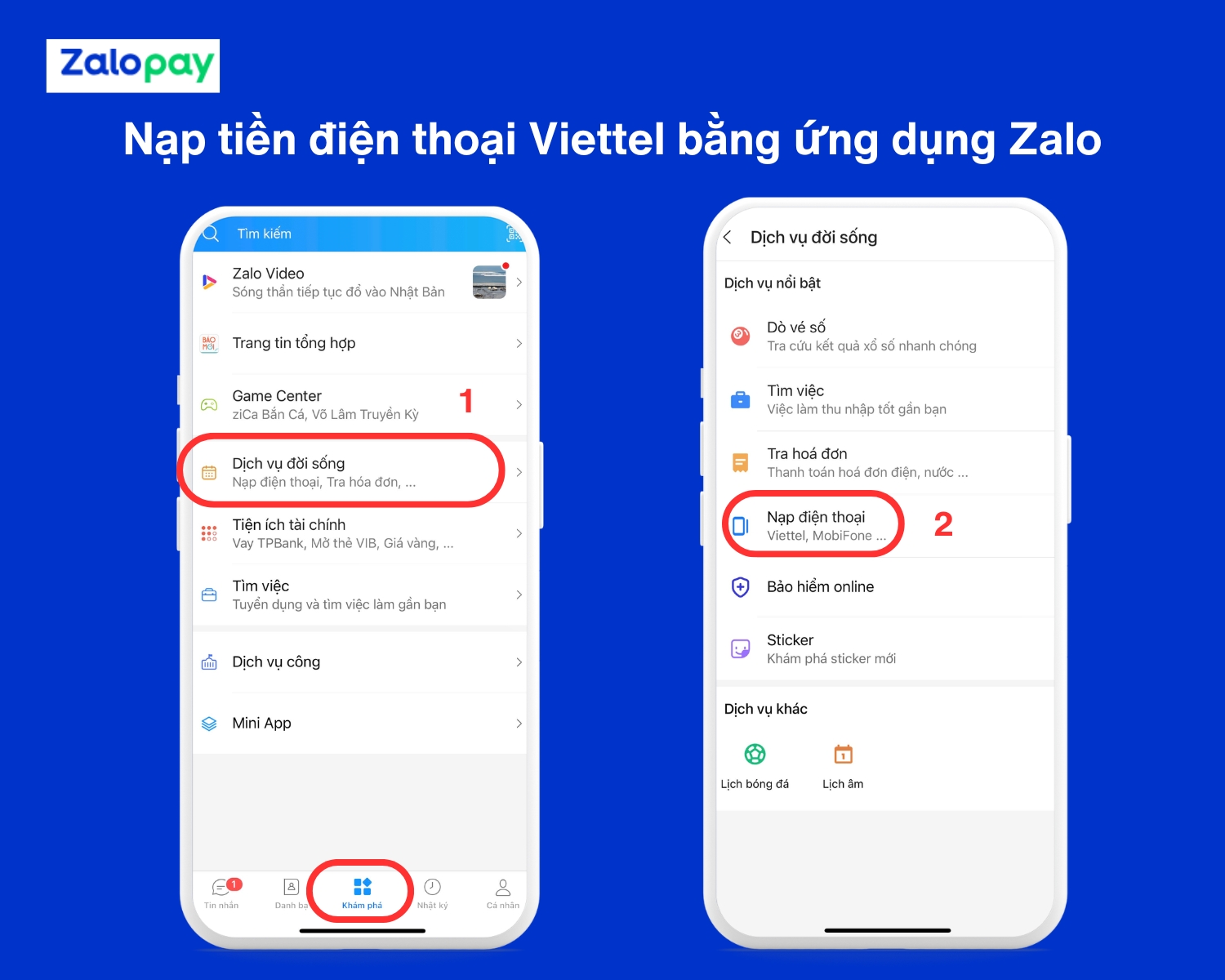 Nạp tiền điện thoại Viettel ngay trong ứng dụng Zalo