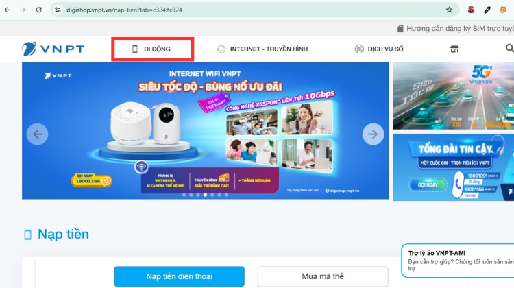 Cách nạp thẻ VinaPhone trực tiếp trên website Digishop VNPT