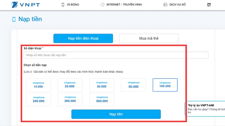 Cách nạp thẻ VinaPhone trực tiếp trên website Digishop VNPT