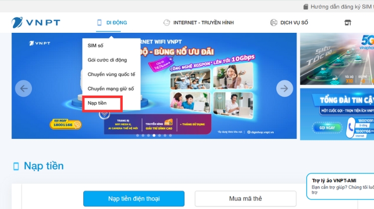 Cách nạp thẻ VinaPhone trực tiếp trên website Digishop VNPT