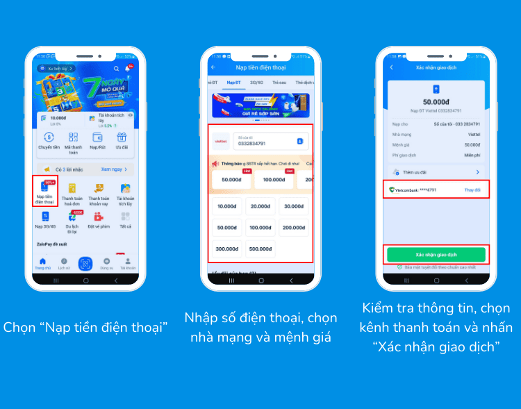 Nạp tiền điện thoại cho thuê bao khác qua tài khoản Vietcombank trên ứng dụng ZaloPay