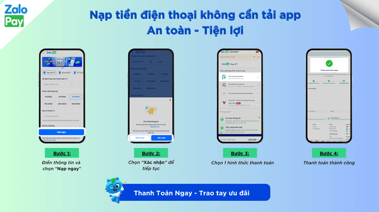 Nạp tiền điện thoại cho thuê bao khác qua tài khoản Vietcombank trên website ZaloPay