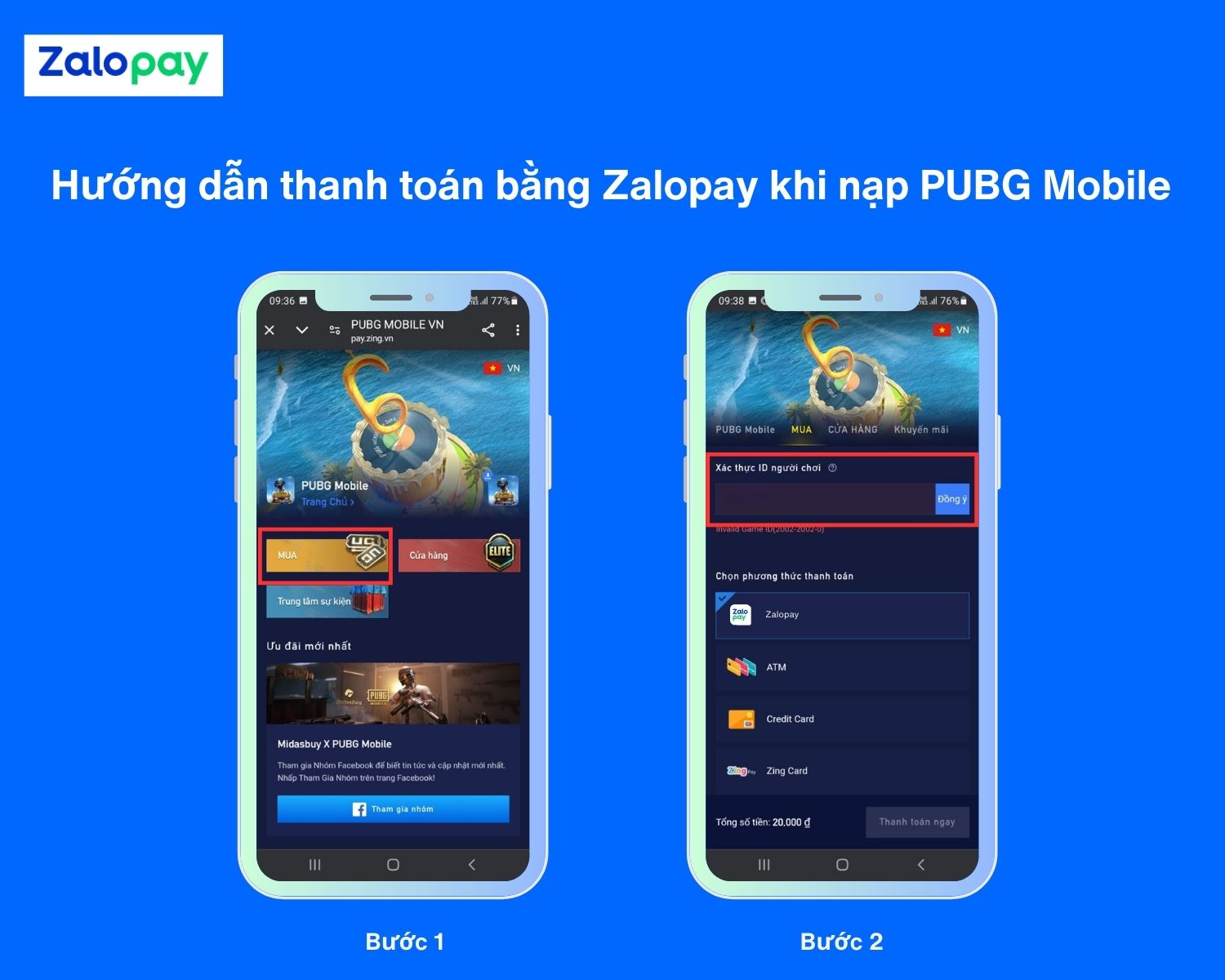 Cách nạp tiền PUBG Mobile qua Zalopay