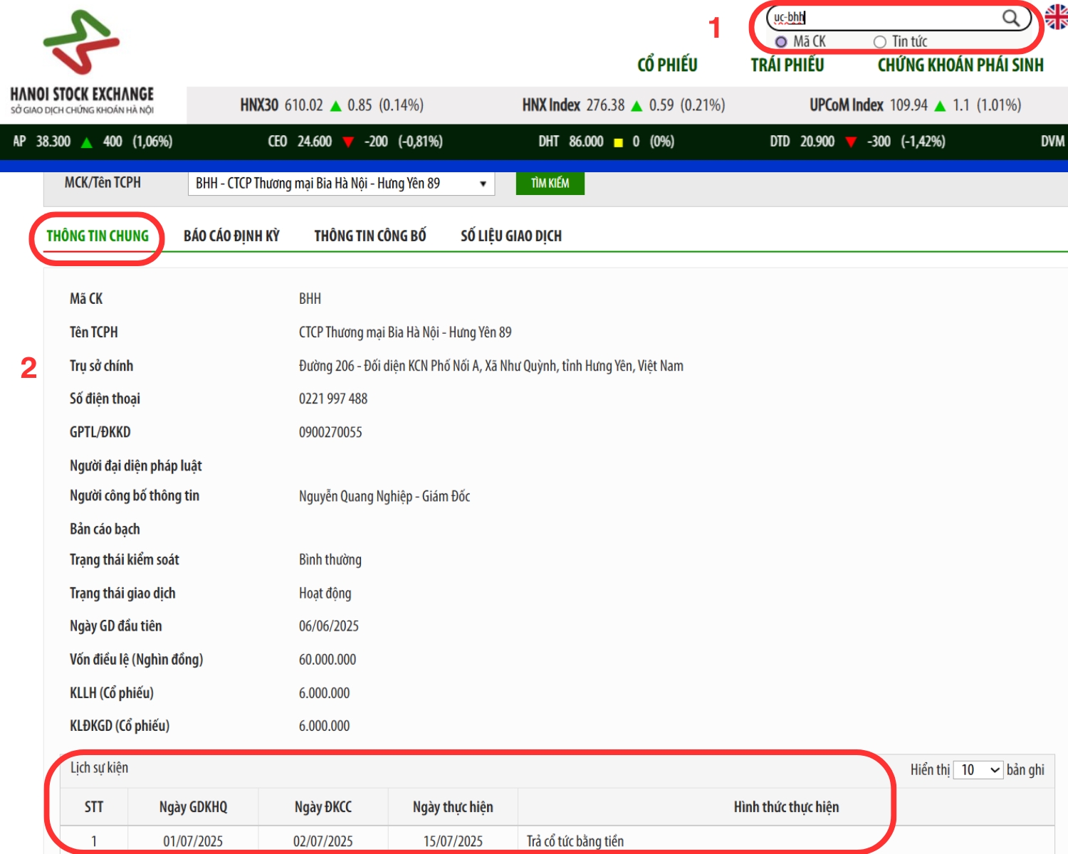 Cách xem thông tin về việc chia cổ tức tại khu vực Hà Nội