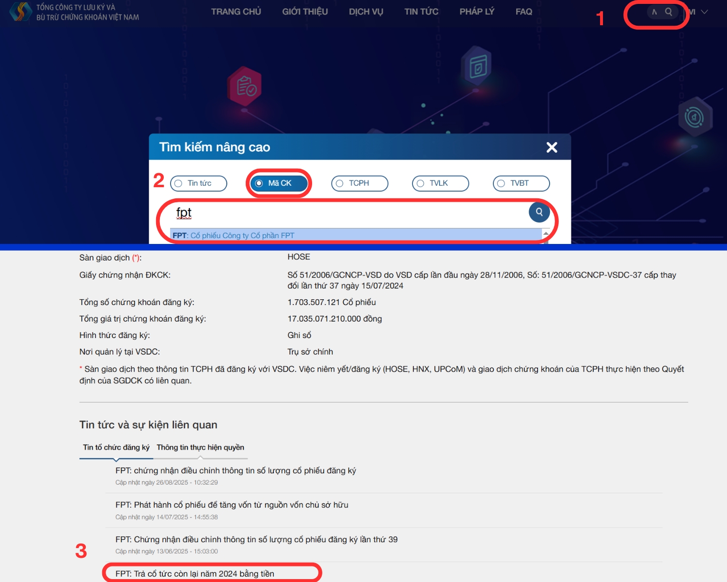 Xem thông tin trả cổ tức tại Website của Trung tâm Lưu ký chứng khoán Việt Nam