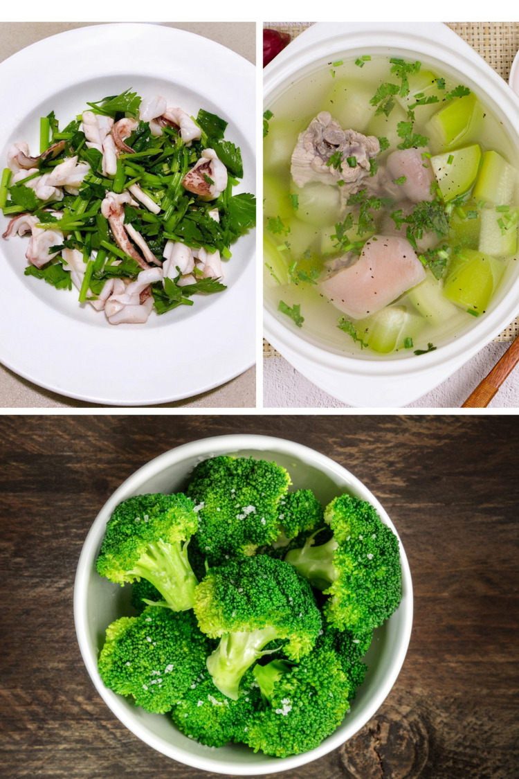Mực xào cần tây + Canh bí đao + Bông cải luộc