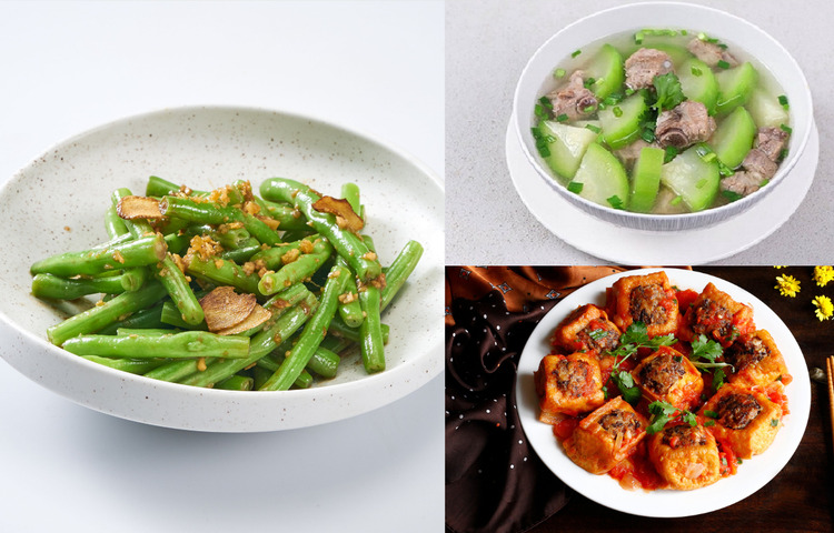 Đậu hũ nhồi thịt sốt cà + Canh bí xanh + Đậu que xào