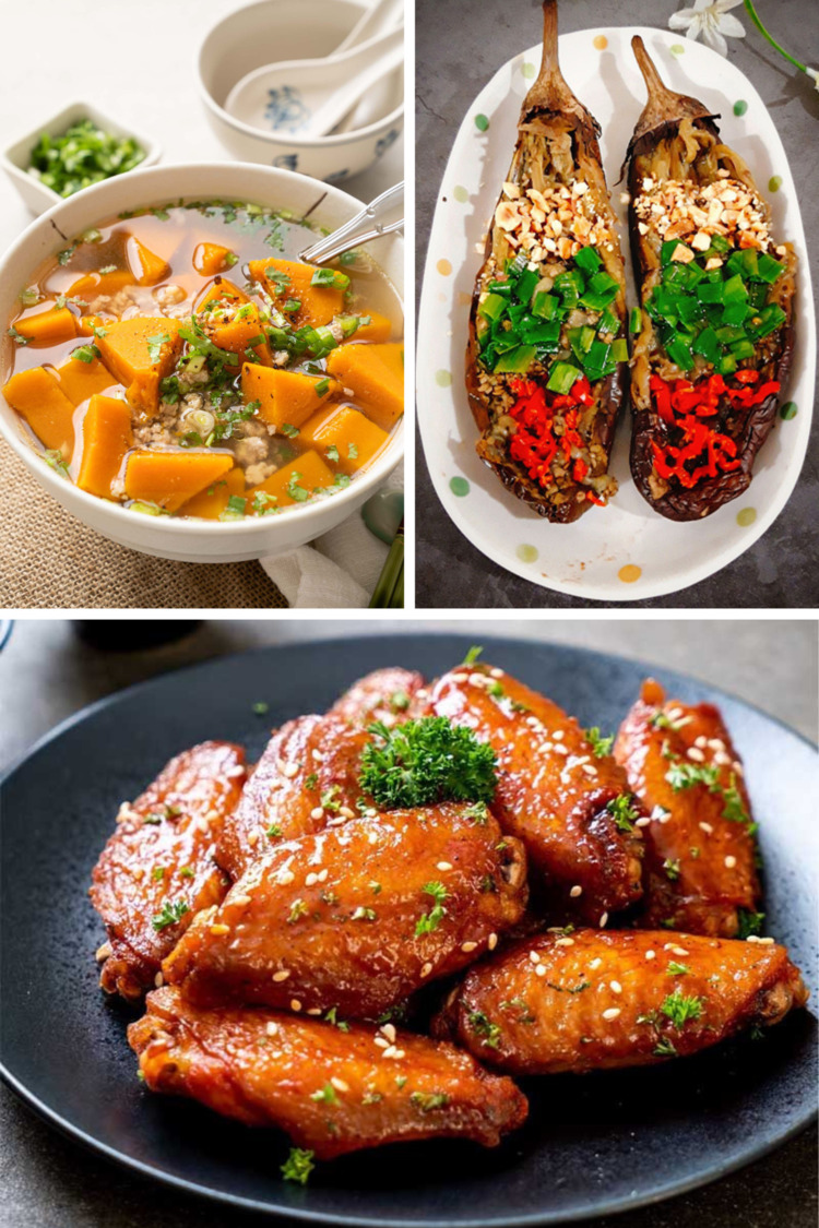 Gà chiên nước mắm + Canh bí đỏ thịt bằm + Cà tím nướng