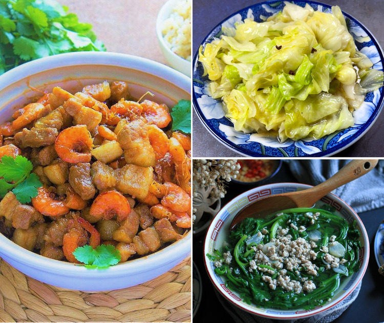 Tôm rim thịt + Canh tần ô thịt bằm + Cải thảo xào tiêu