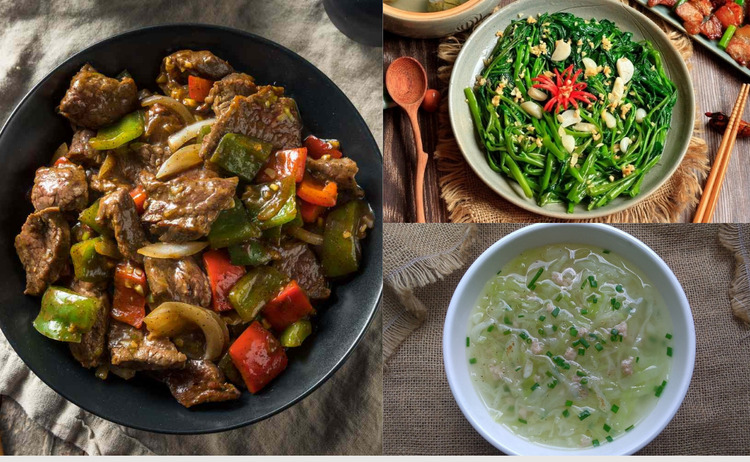 Bò xào ớt chuông + Canh cải thảo thịt bằm + Rau muống xào
