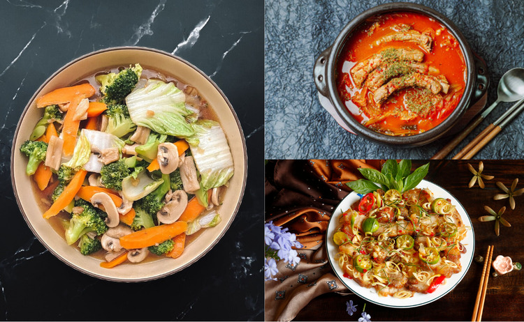 Ba rọi chiên lắc sả tắc + Canh kim chi sườn + Rau củ xào thập cẩm