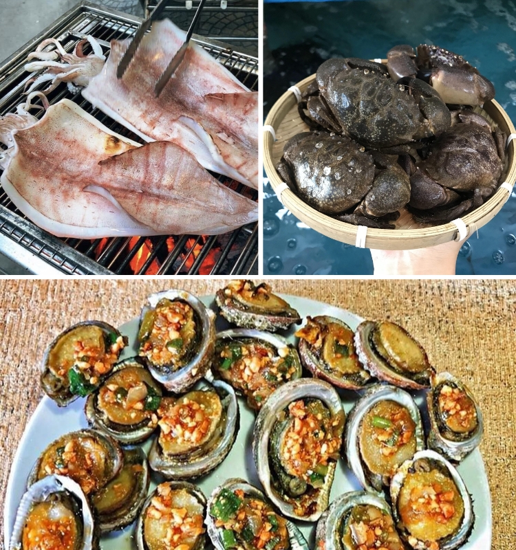 Mực một nắng, cua đá, bào ngư nướng