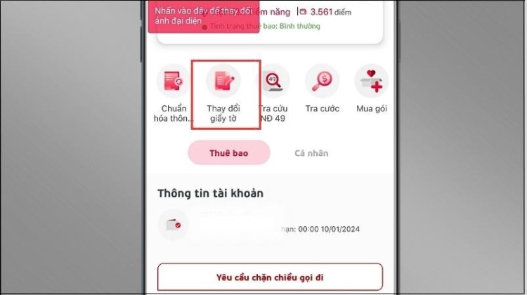 Chọn thay đổi giấy tờ để tiến hành đăng ký sim chính chủ 