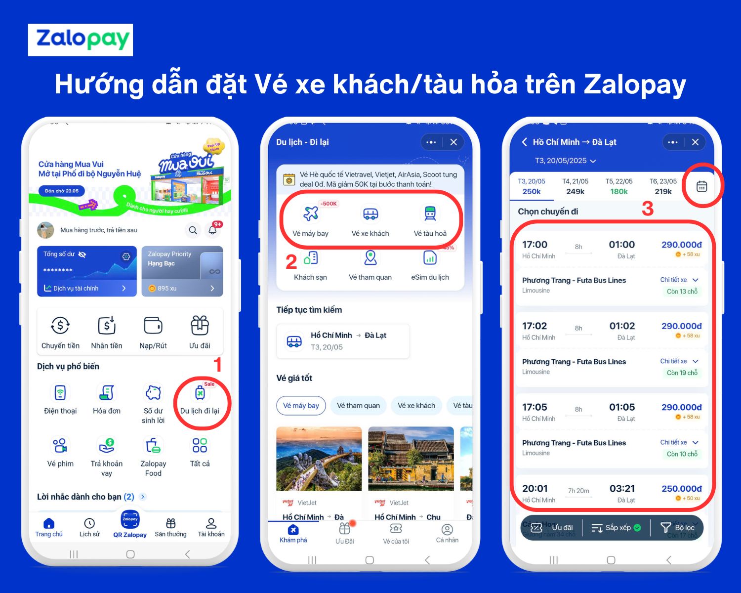 Hướng dẫn đặt vé xe khách/tàu hỏa trên Zalopay