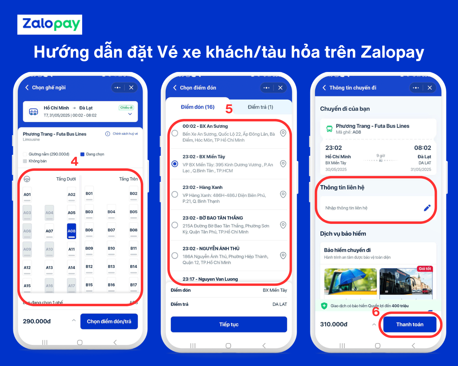 Hướng dẫn đặt vé xe khách/tàu hỏa trên Zalopay