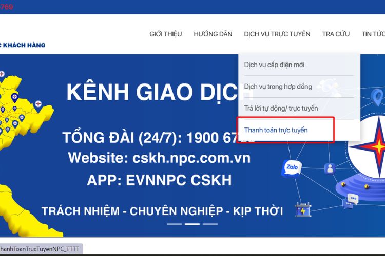 Thanh toán tiền điện trực tuyến trên website CSKH của EVNNPC