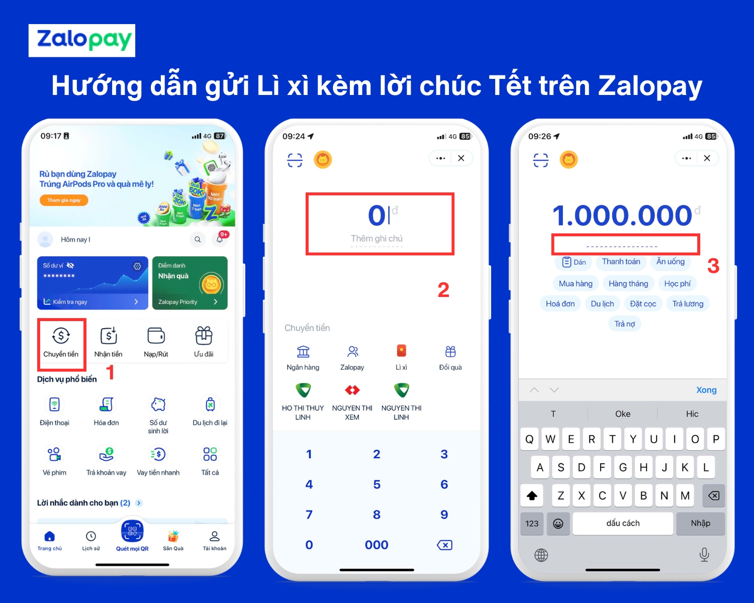 cách chuyển tiền với con số lì xì may mắn