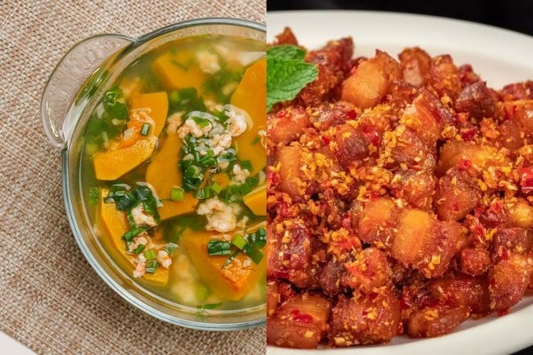 Canh bí đỏ thịt băm - Thịt ba rọi chiên muối sả