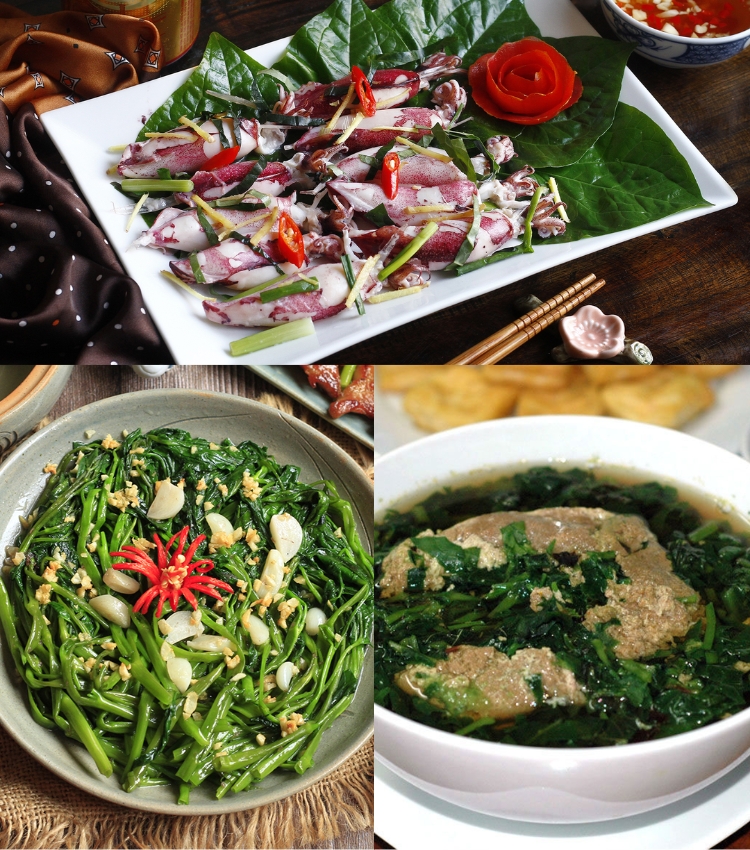 Mực trứng hấp - Rau muống xào tỏi - Canh cua mồng tơi