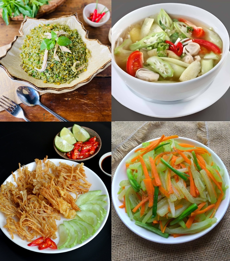 Cơm chiên lá é - Canh chua chay - Nấm kim châm chiên giòn (mực chay) - Su su xào cà rốt
