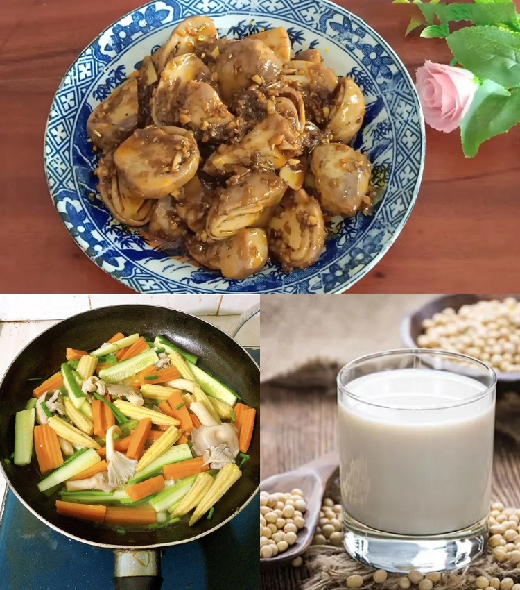 Nấm rơm kho sả - Rau củ xào chay - Sữa đậu nành