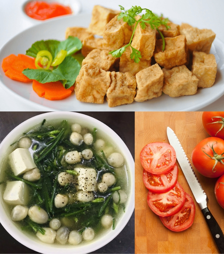 Đậu phụ chiên - Canh hẹ nấm đậu hũ chay - Cà chua
