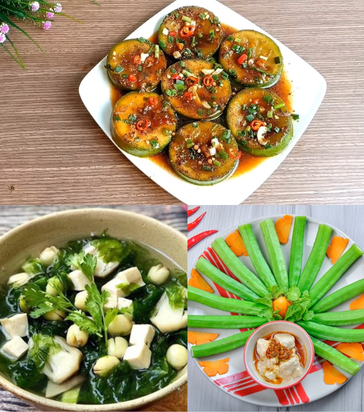  Bầu kho tiêu - Canh cải ngọt rong biển chay - Đậu bắp luộc chấm chao