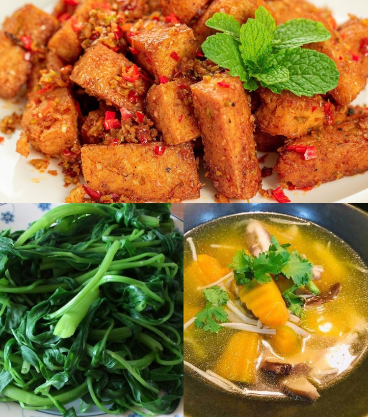 Đậu hũ muối chiên sả ớt - Rau luộc - Canh bí đỏ chay