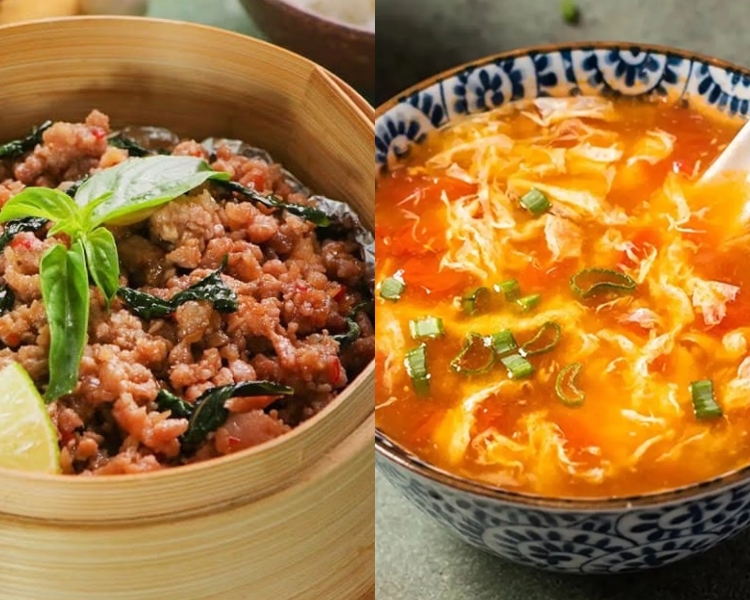 Thịt băm xào lá quế - Canh cà chua trứng