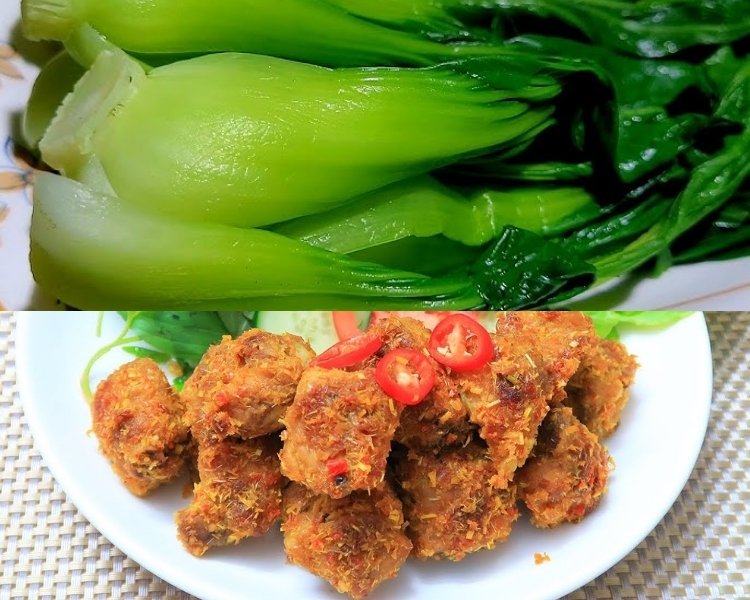 Cải thìa luộc - Sườn non muối sả chiên