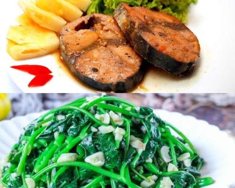 Cá ngừ kho thơm - Rau lang xào tỏi