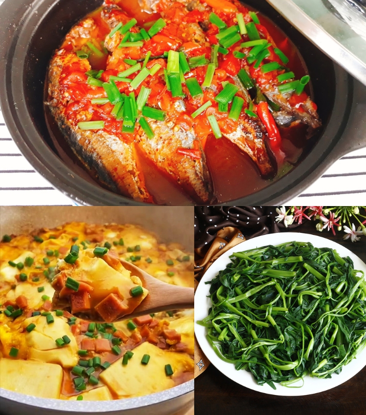 Cá nục kho cà chua - Đậu hũ non hấp trứng - Rau muống luộc