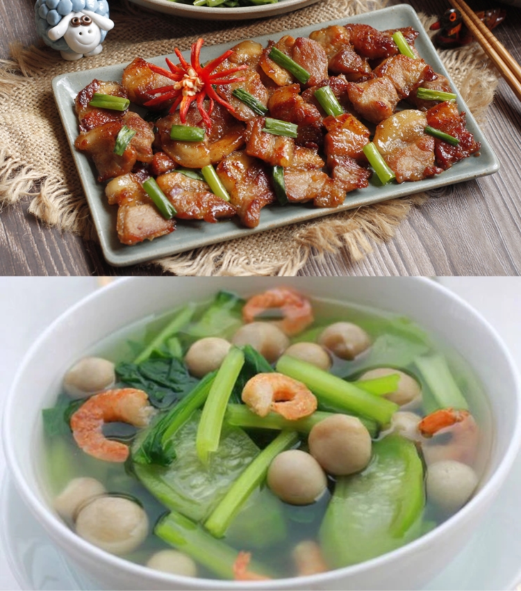 Ba chỉ rang cháy cạnh - Canh mướp nấu tôm khô