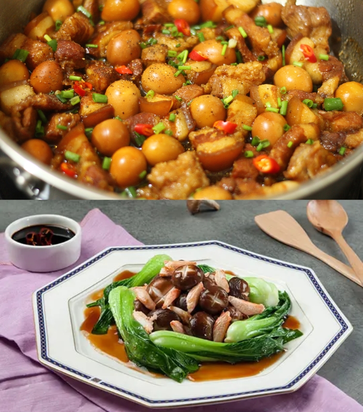 Thịt kho trứng cút - Cải thìa xào nấm đông cô