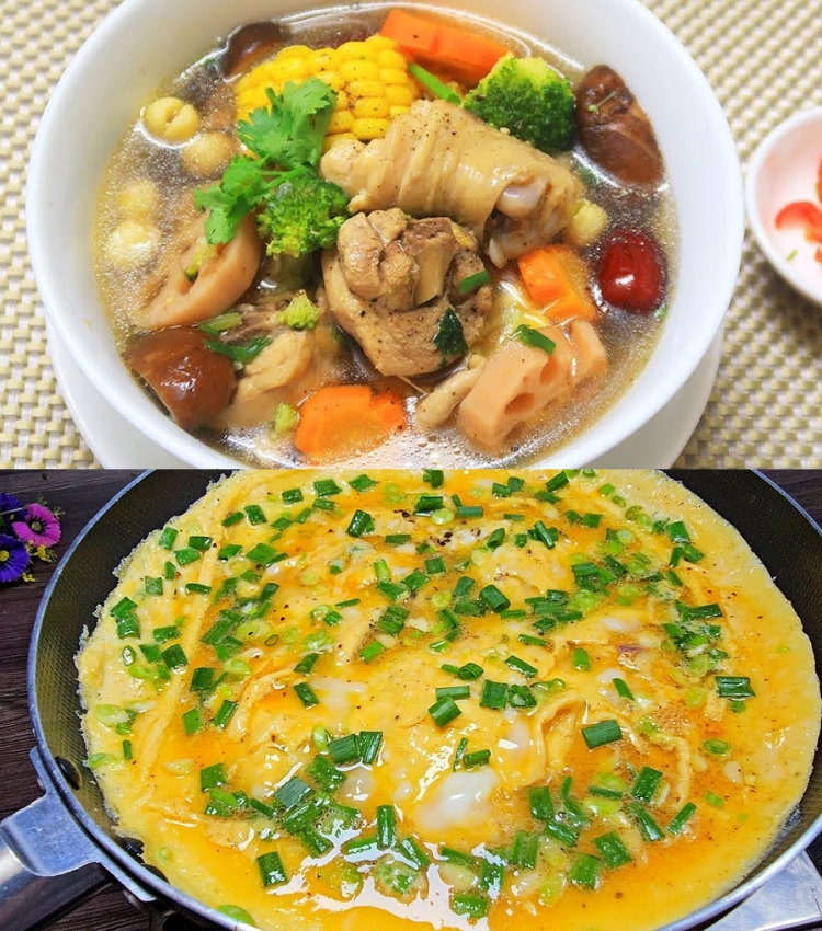 Gà hầm rau củ - Trứng chiên hành lá