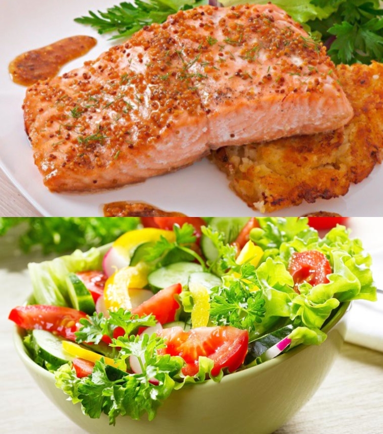 Cá hồi áp chảo sốt bơ tỏi - Salad trộn dầu giấm