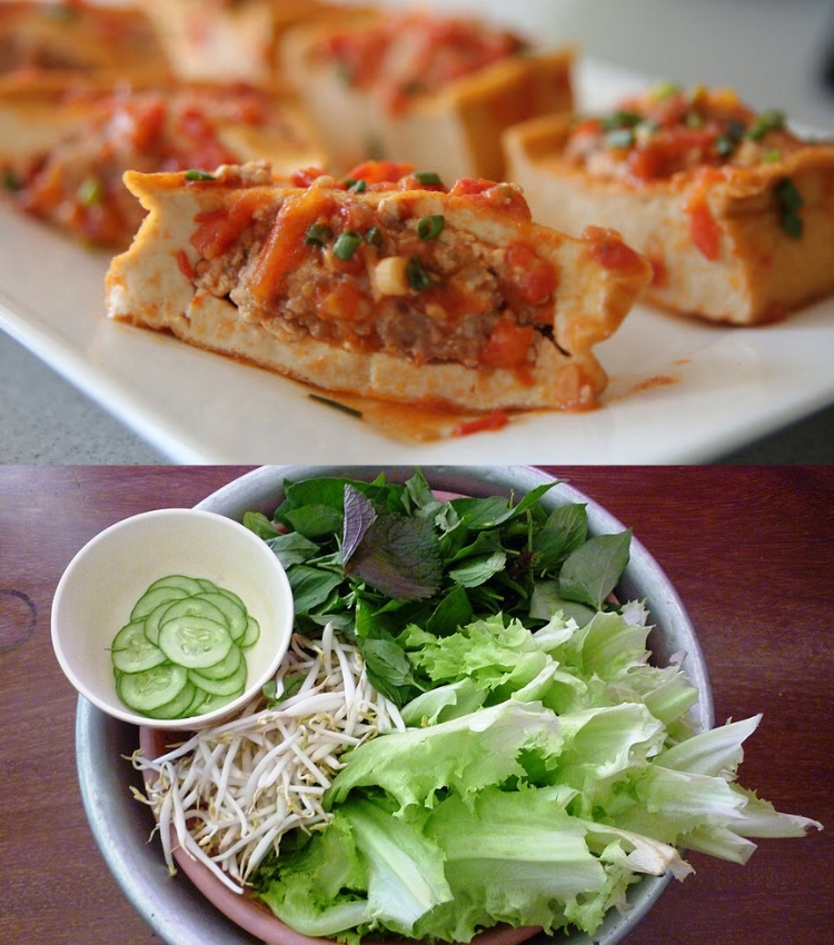 Tàu hủ nhồi thịt kho cà chua - Dưa leo, rau sống