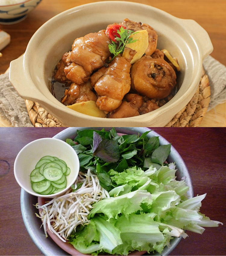 Gà kho gừng - Dưa leo, rau sống