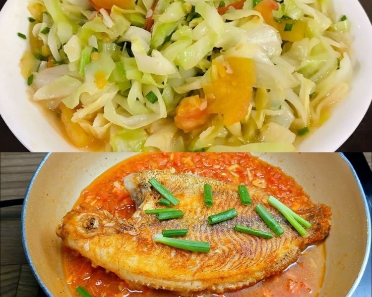 Bắp cải xào - Cá điêu hồng sốt cà chua